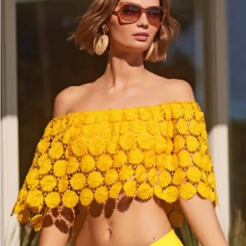 Trina Turk Yellow Off-Shoulder Lace Top